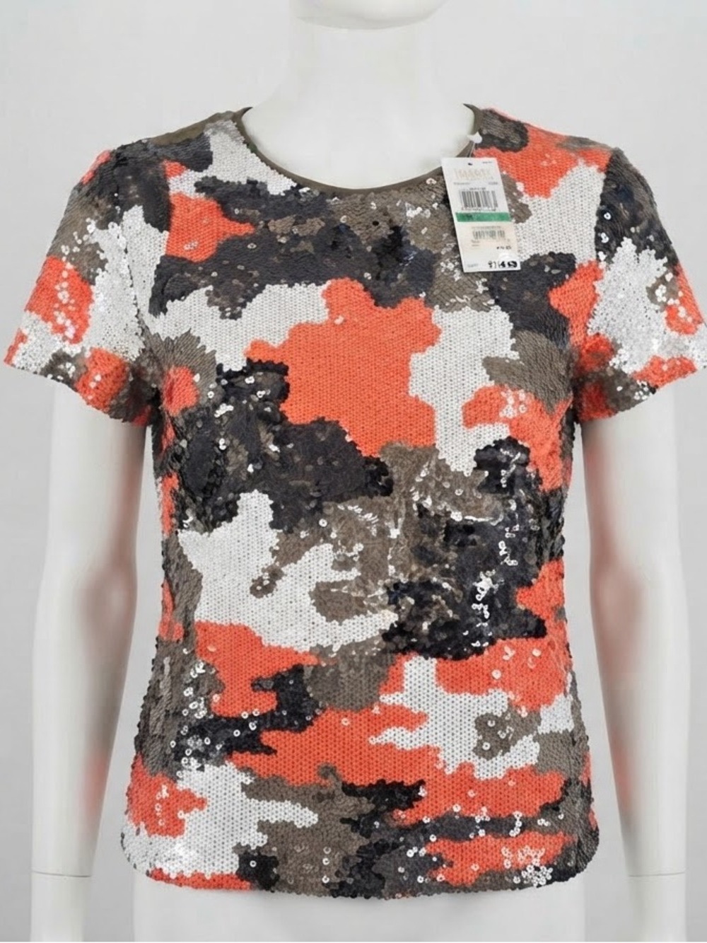 Michael Kors Sequin Camo Short Sleeve Top in Orange, White & Brown
